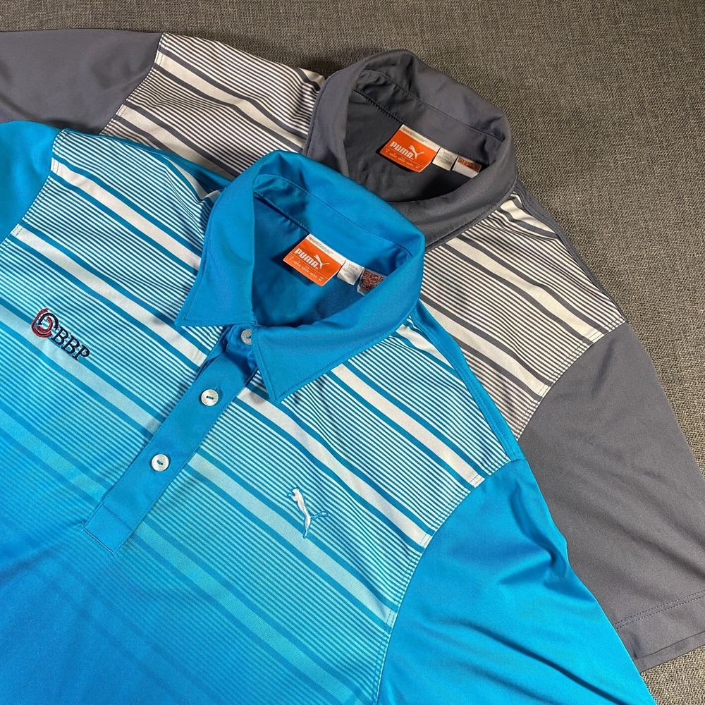 Lot of 2 Puma Golf Polo Shirts Mens Small Striped Blue/Grey Stretch Lightweight